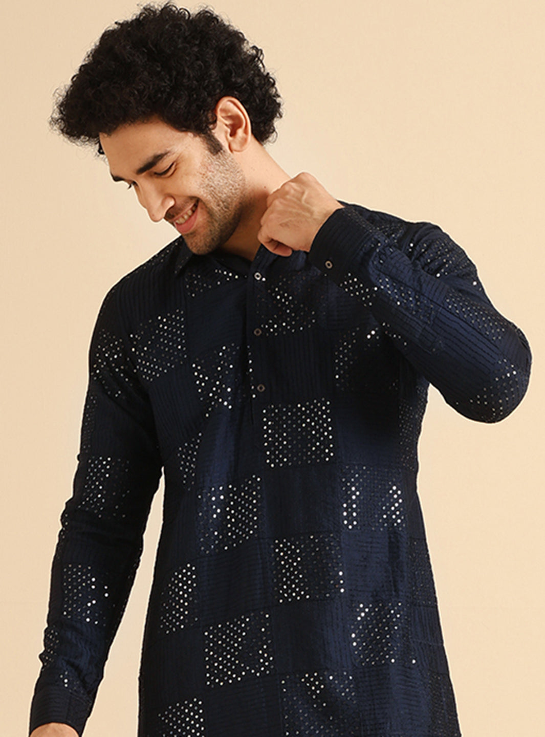 Navy Blue Sequinned Silk Blend Pathani Kurta