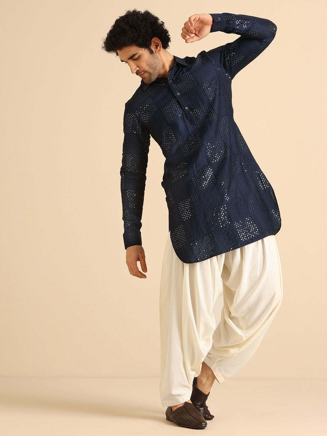Navy Blue Sequinned Silk Blend Pathani Kurta
