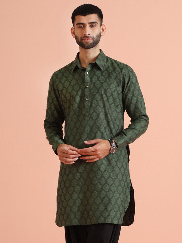 Green Silk Blend Jacquard Pathani Kurta