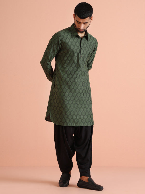 Green Silk Blend Jacquard Pathani Kurta