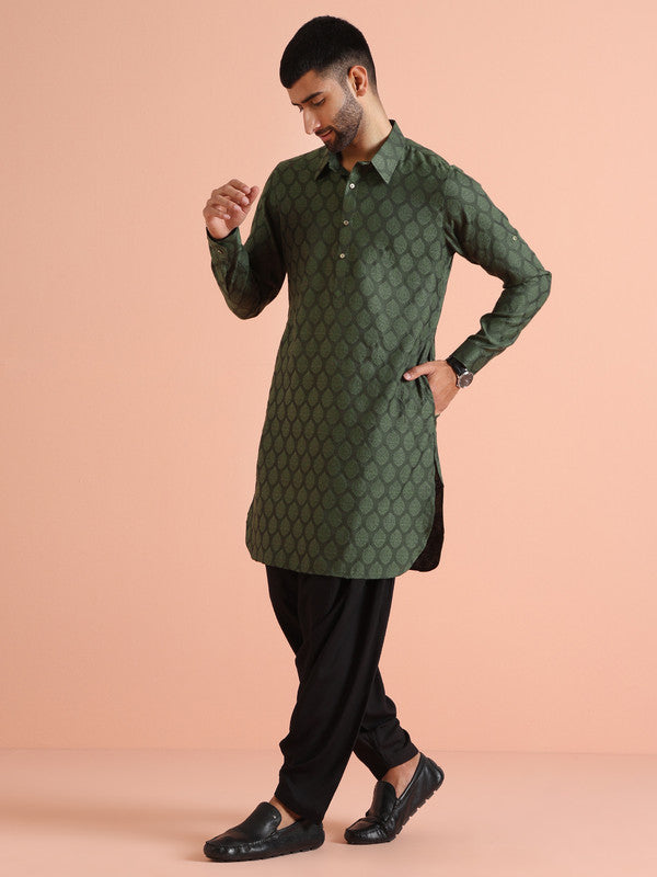 Green Silk Blend Jacquard Pathani Kurta