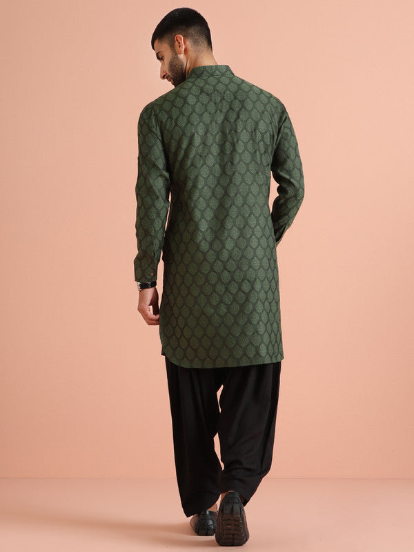 Green Silk Blend Jacquard Pathani Kurta