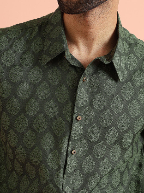 Green Silk Blend Jacquard Pathani Kurta