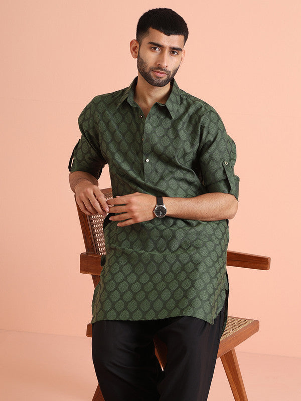 Green Silk Blend Jacquard Pathani Kurta
