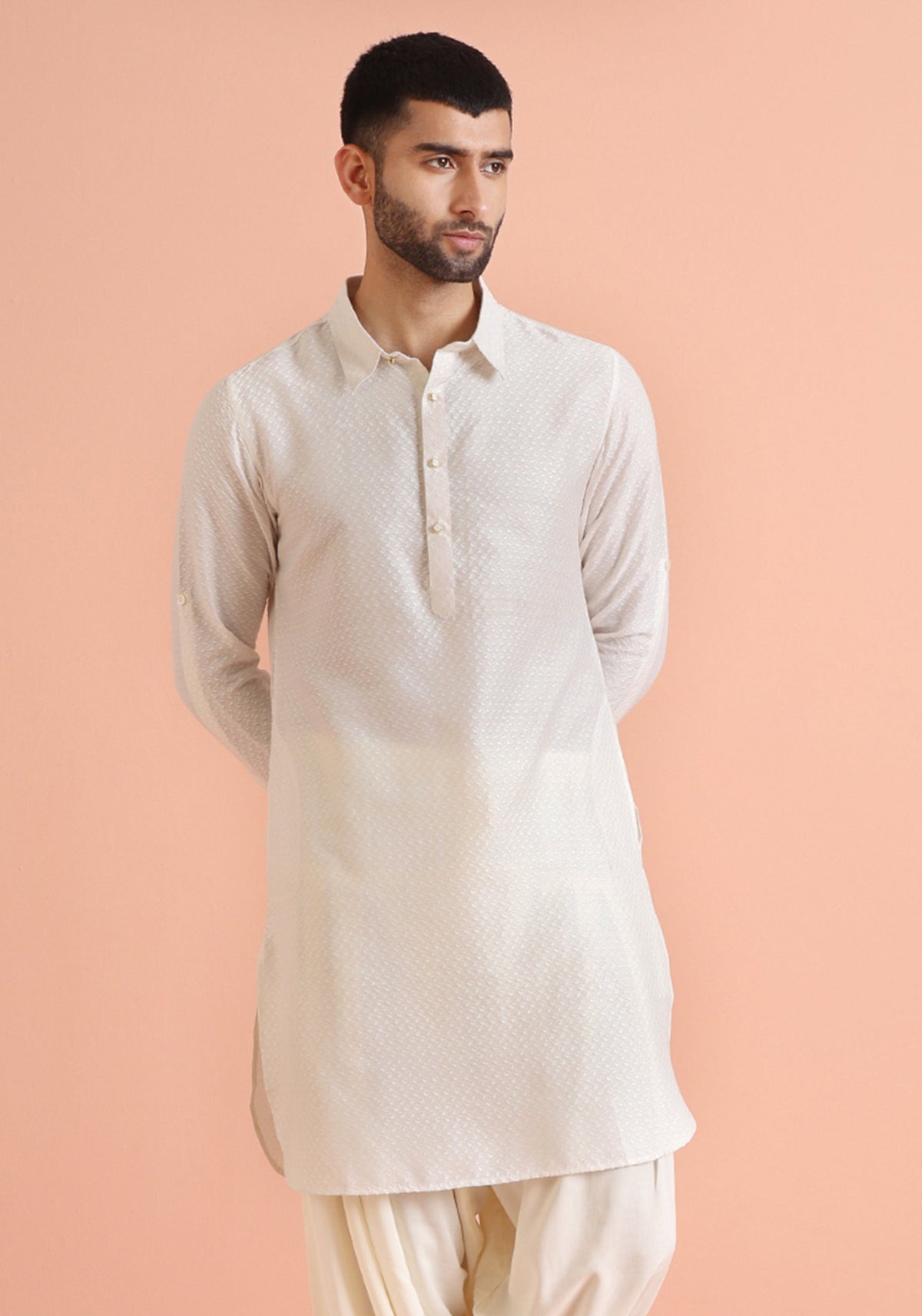 Cream Jacquard Textured Pathani Kurta
