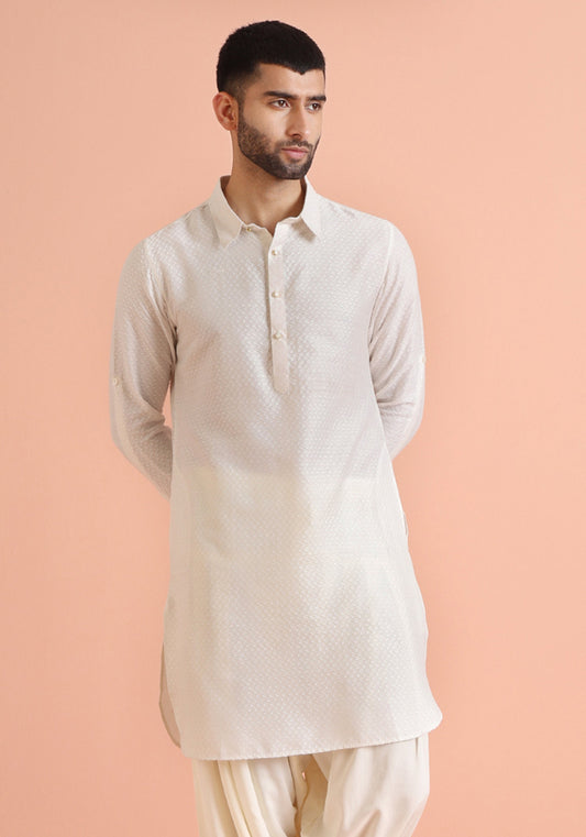 Cream Jacquard Textured Pathani Kurta