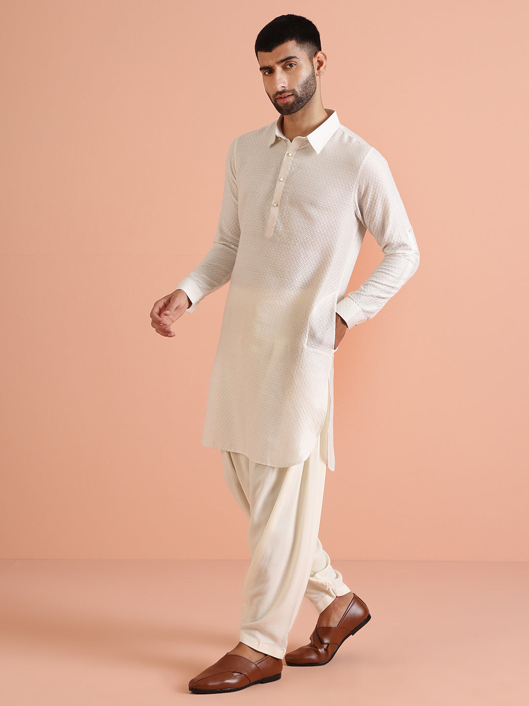 Cream Jacquard Textured Pathani Kurta
