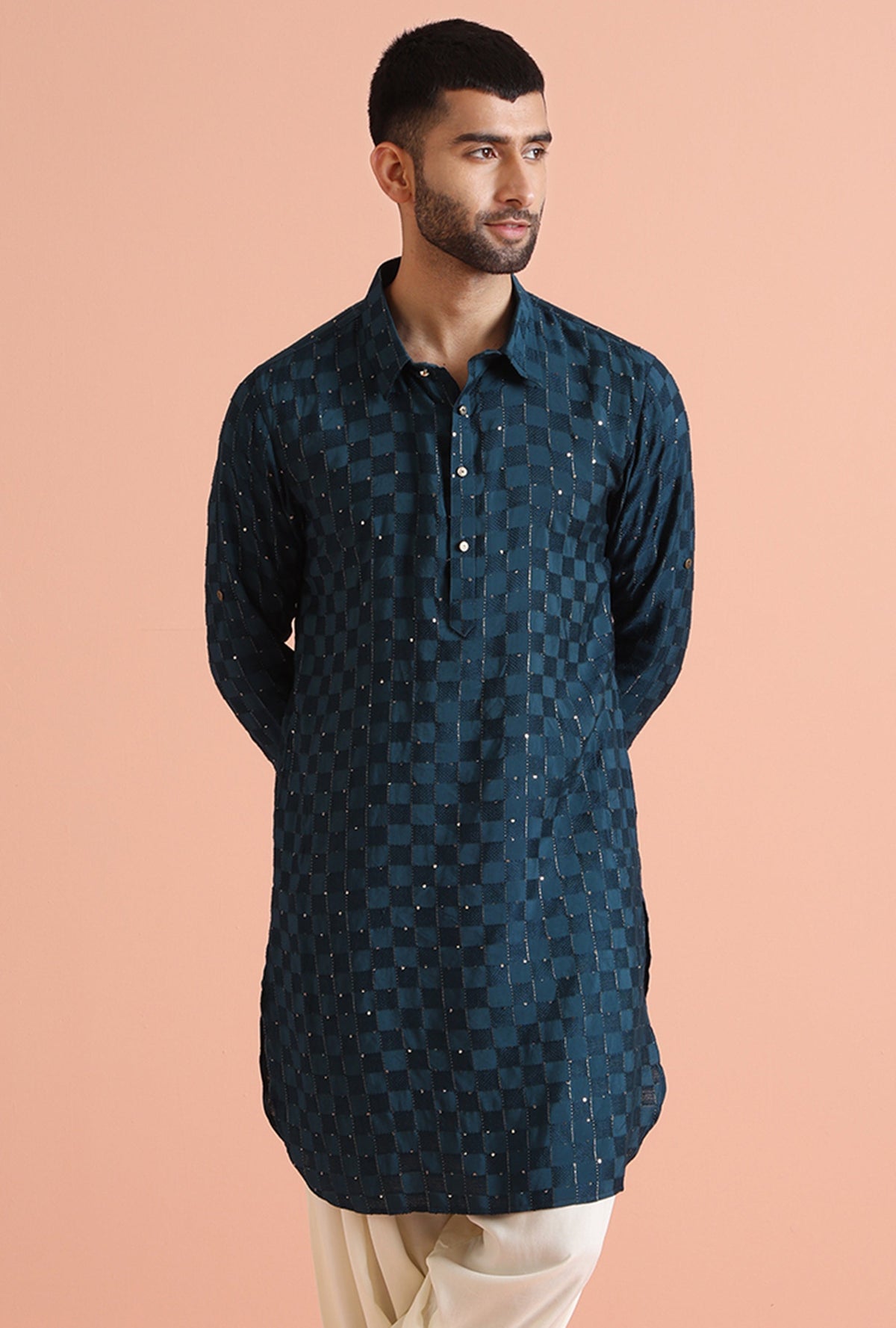 Blue Self-Checkered Pathani Kurta