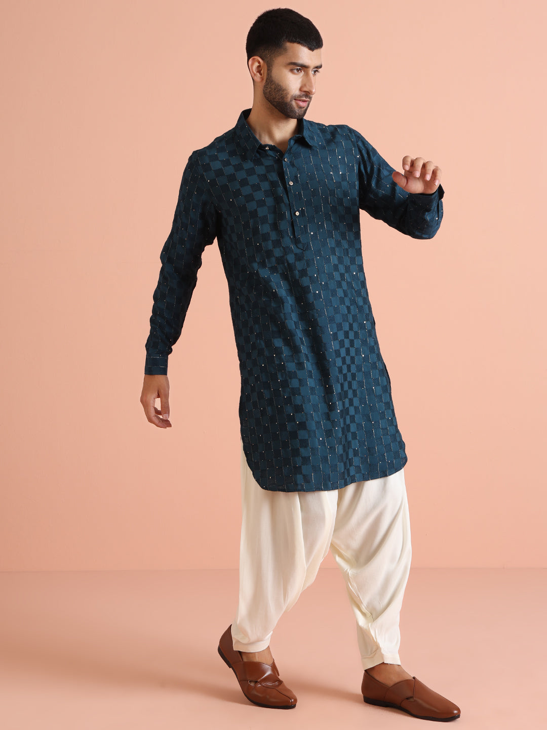 Blue Self-Checkered Pathani Kurta