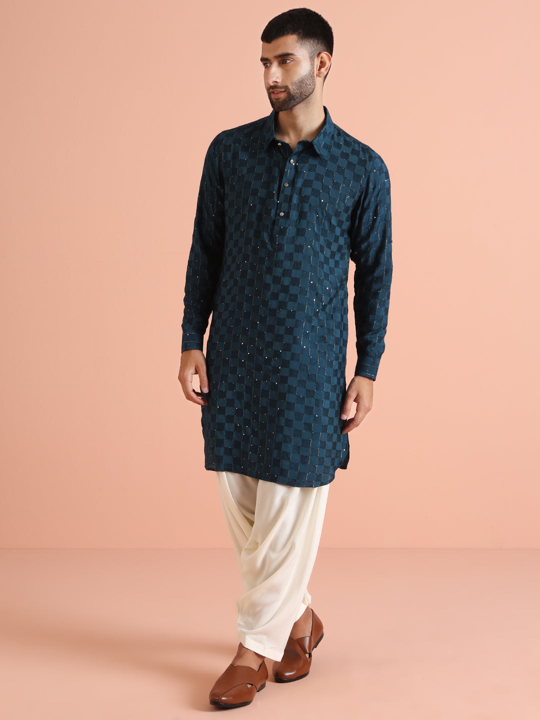 Blue Self-Checkered Pathani Kurta