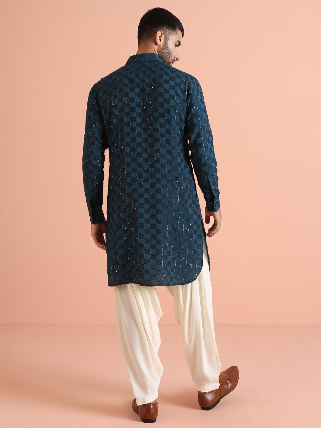Blue Self-Checkered Pathani Kurta