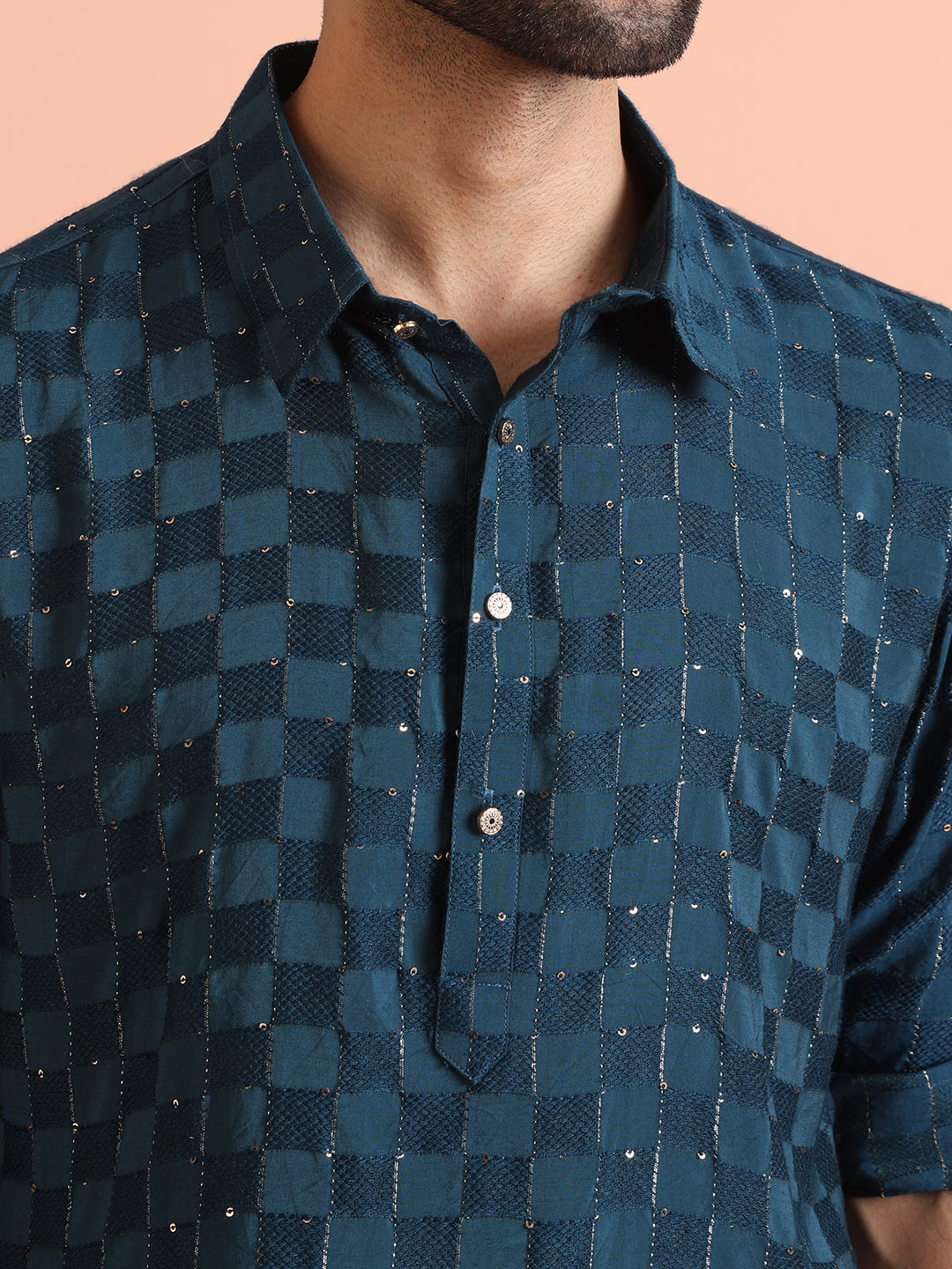 Blue Self-Checkered Pathani Kurta