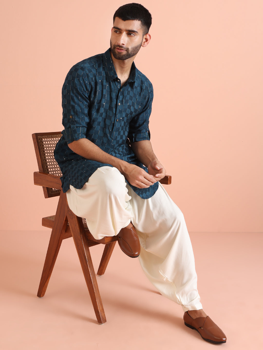 Blue Self-Checkered Pathani Kurta