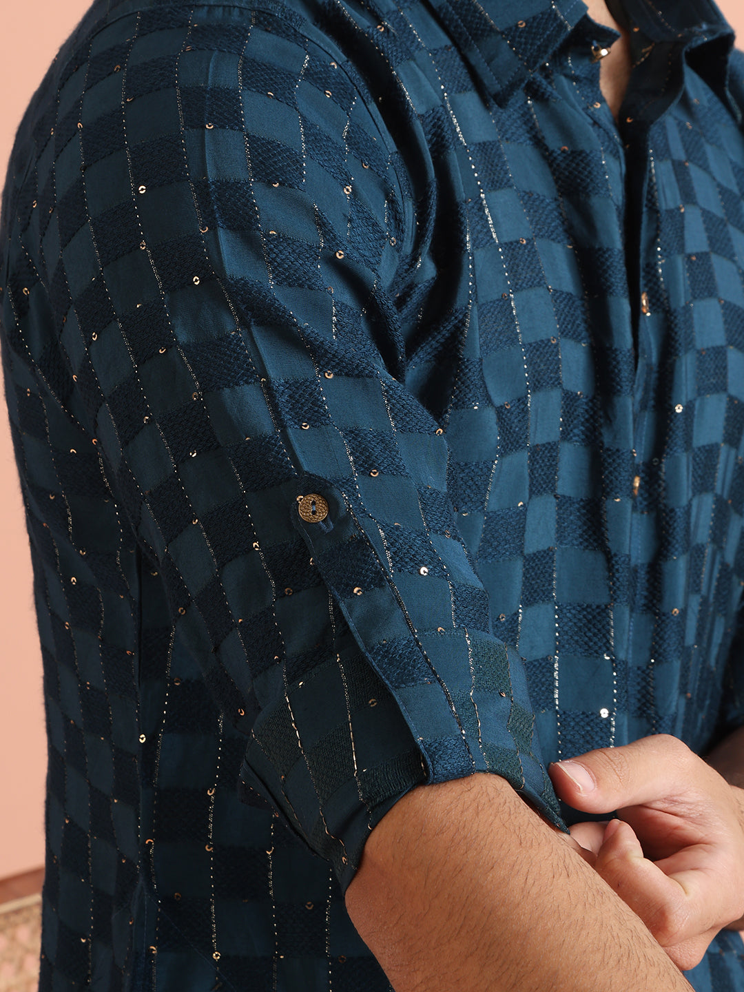 Blue Self-Checkered Pathani Kurta