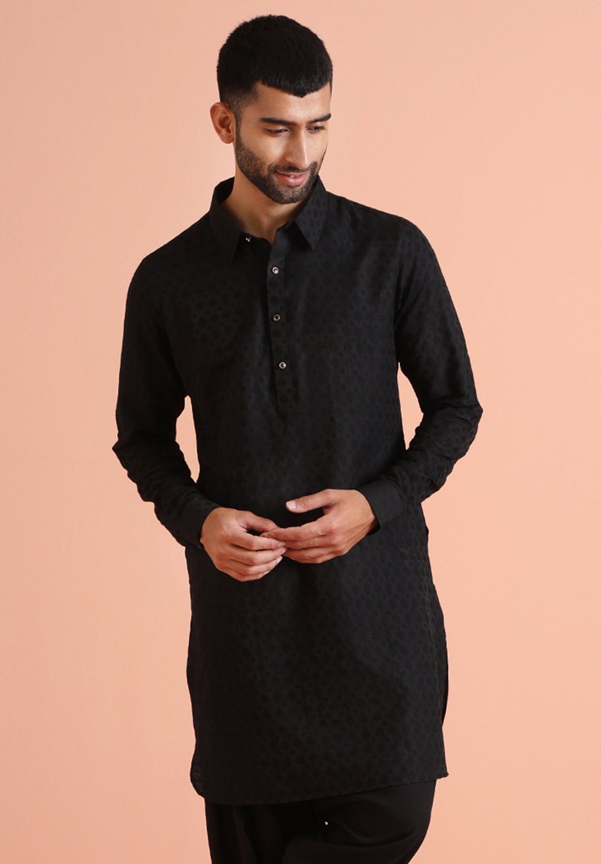 Black Self-Patterned Jacquard Pathani Kurta
