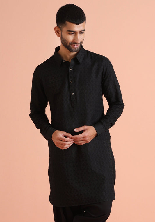 Black Self-Patterned Jacquard Pathani Kurta