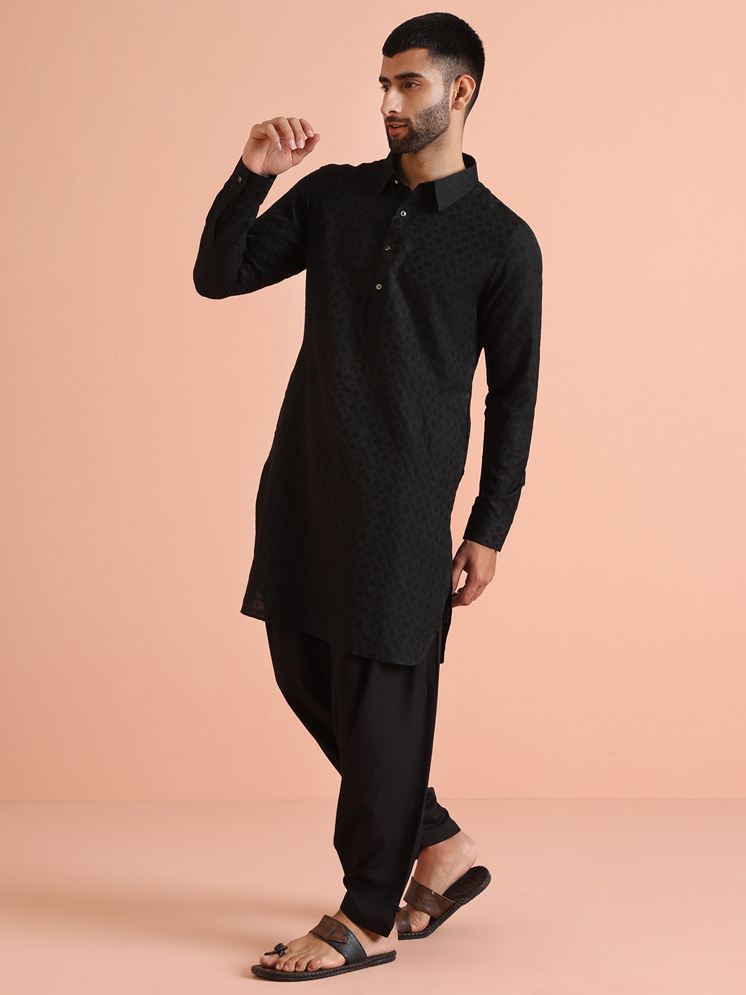 Black Self-Patterned Jacquard Pathani Kurta