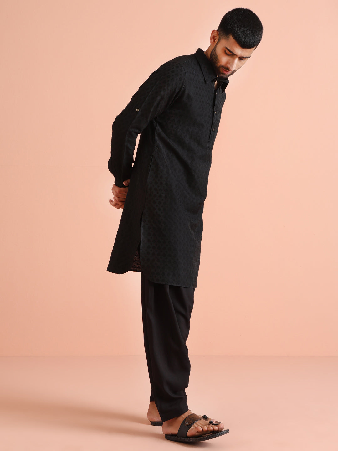 Black Self-Patterned Jacquard Pathani Kurta