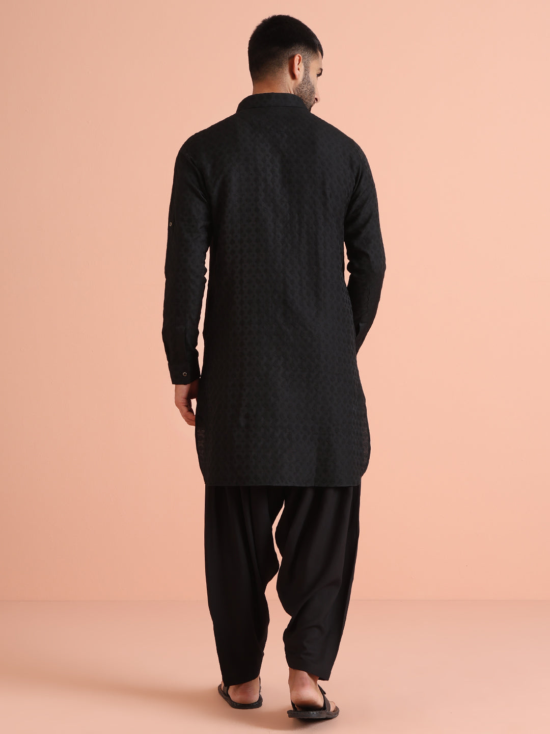 Black Self-Patterned Jacquard Pathani Kurta