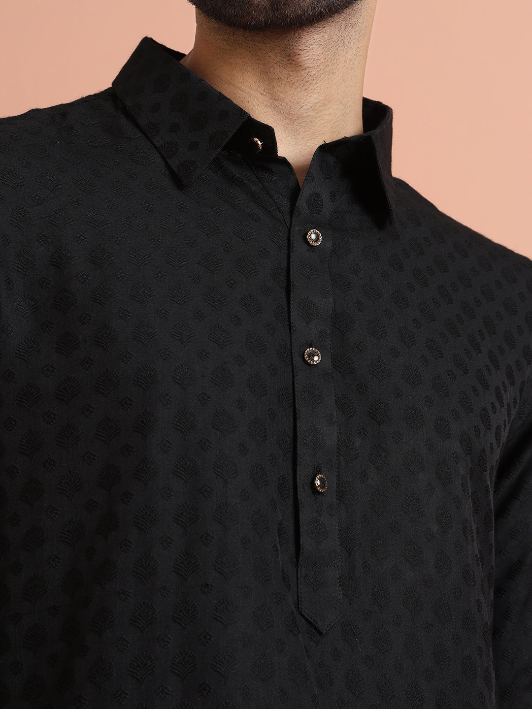 Black Self-Patterned Jacquard Pathani Kurta