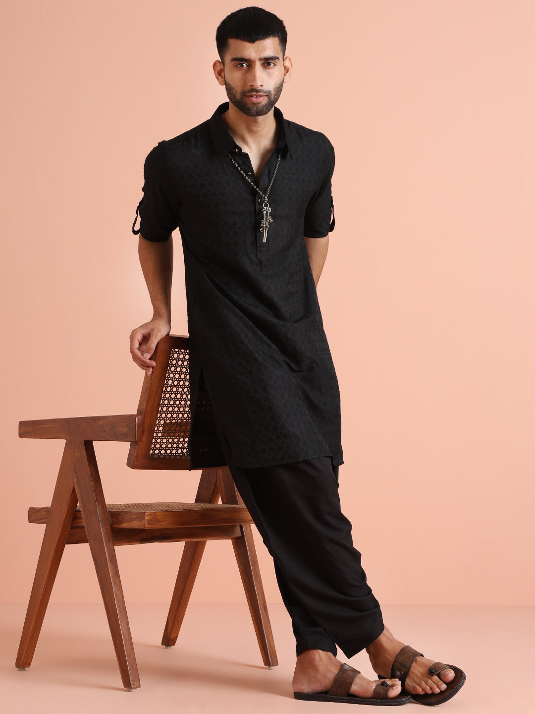 Black Self-Patterned Jacquard Pathani Kurta