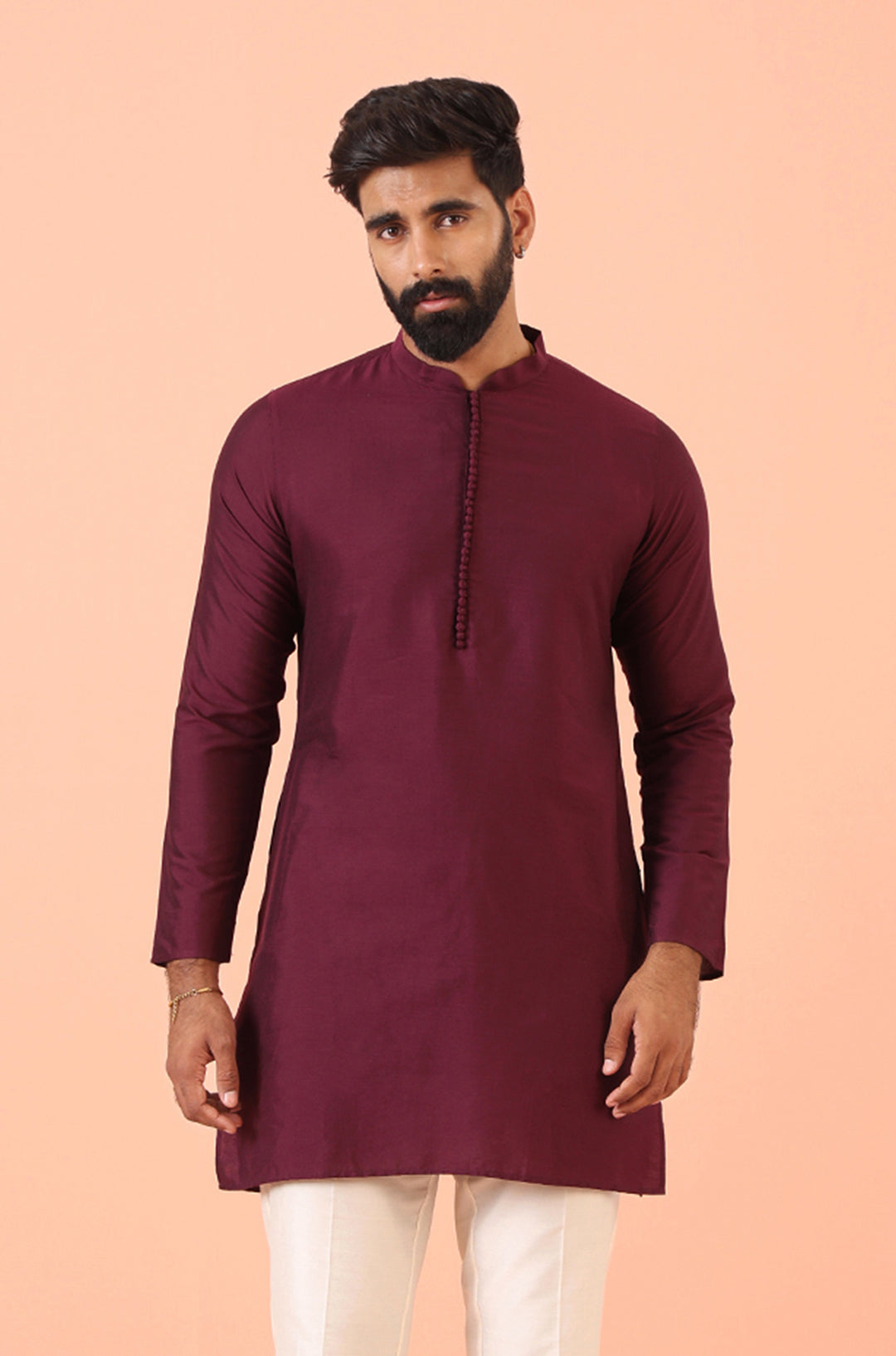 Wine Solid Silk Blend Mid Kurta