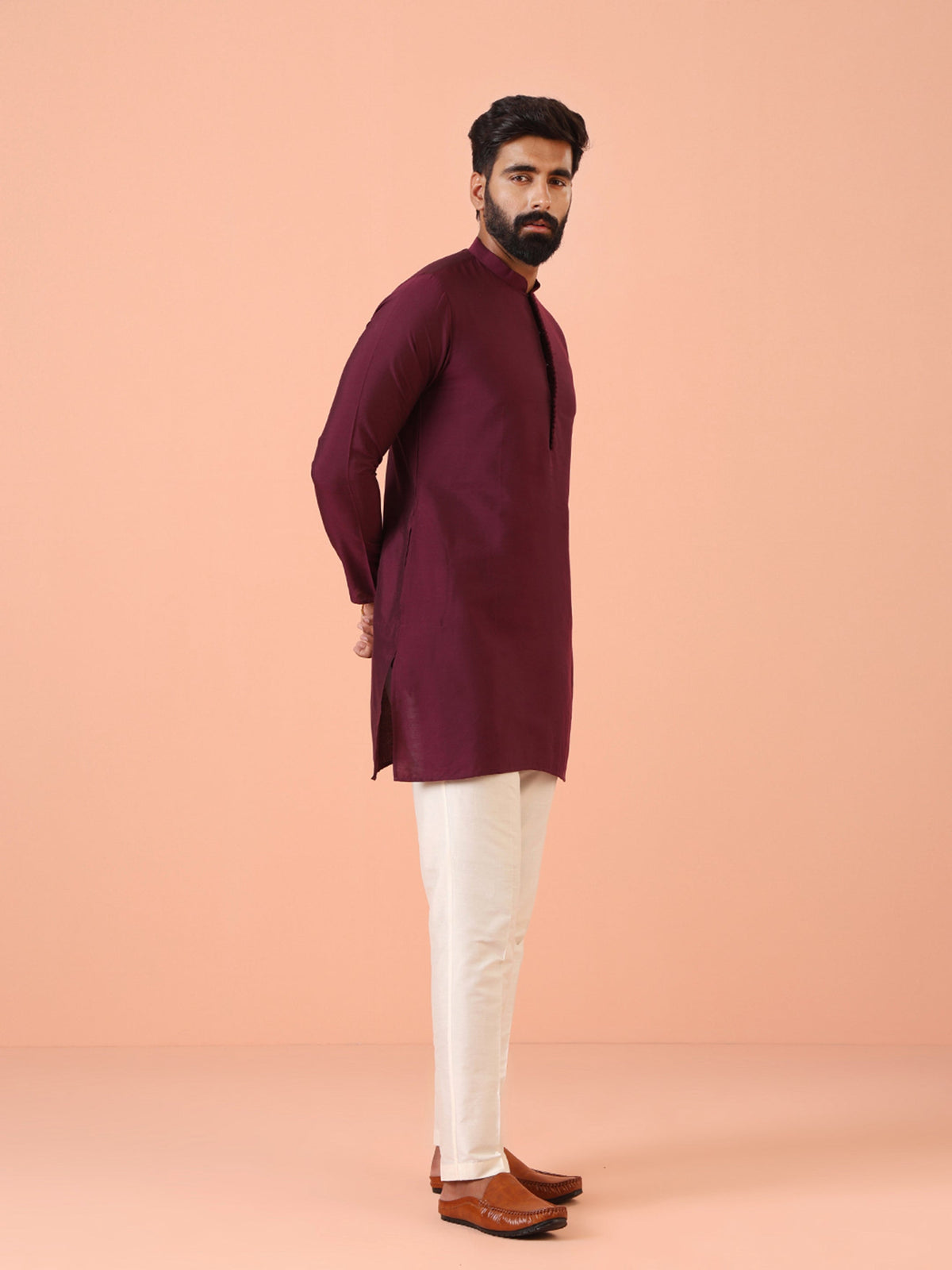 Wine Solid Silk Blend Mid Kurta