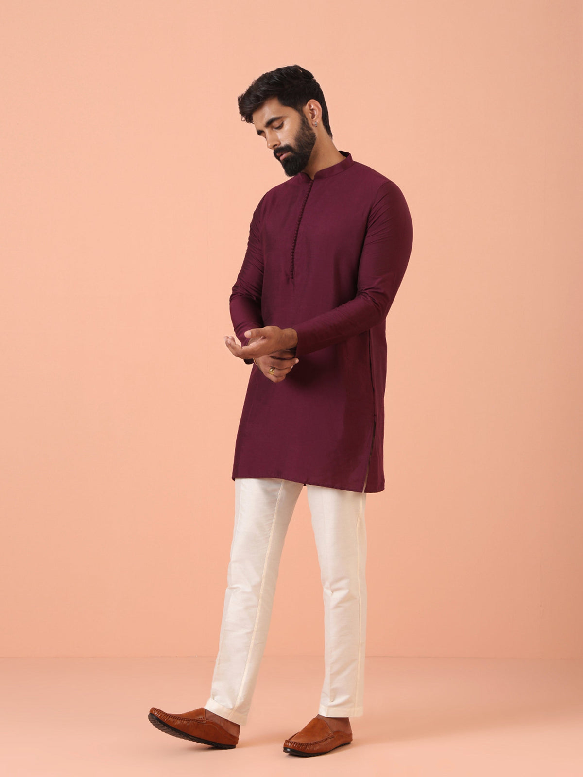 Wine Solid Silk Blend Mid Kurta
