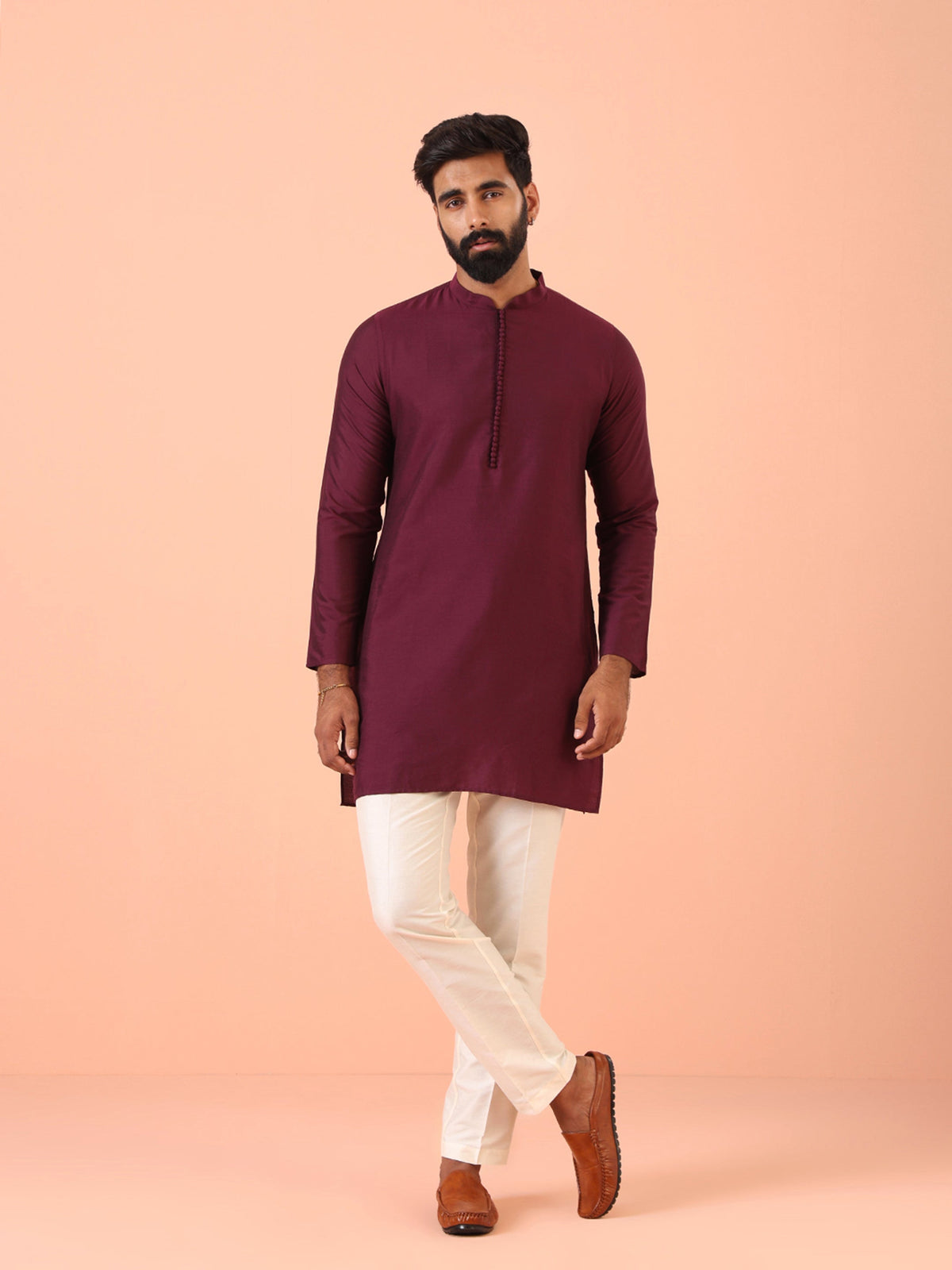 Wine Solid Silk Blend Mid Kurta