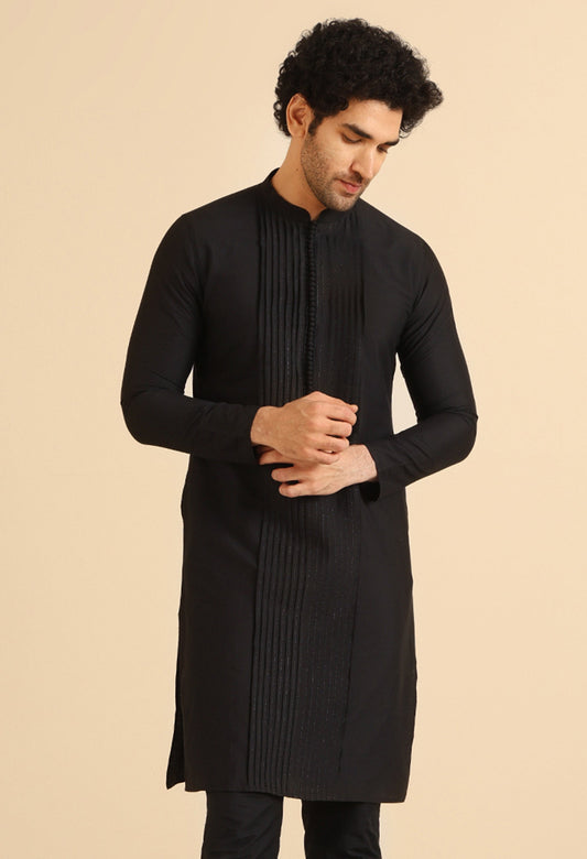 Black Pintuck Cotton Silk Kurta