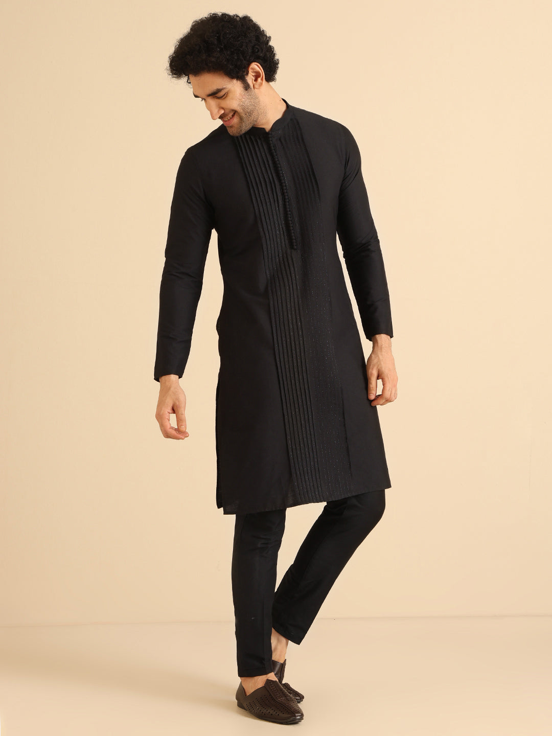 Black Pintuck Cotton Silk Kurta