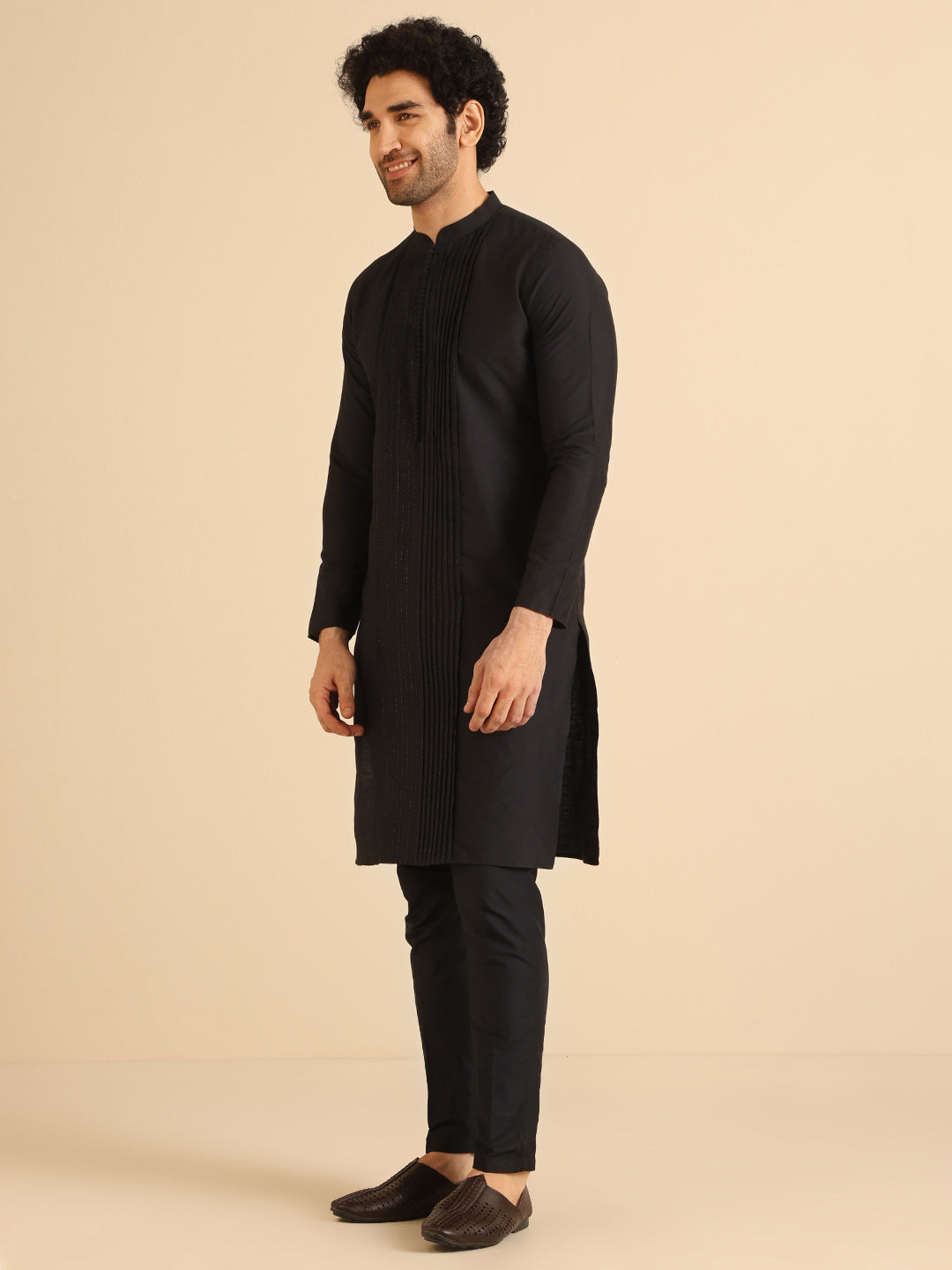 Black Pintuck Cotton Silk Kurta