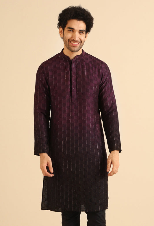 Wine to Black Ombre Check-Textured Long Kurta