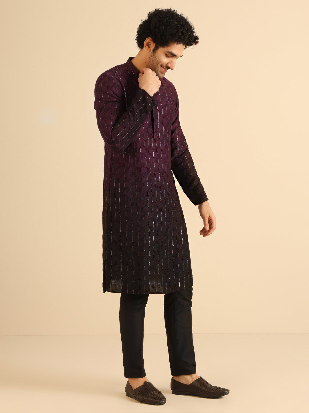Wine to Black Ombre Check-Textured Long Kurta