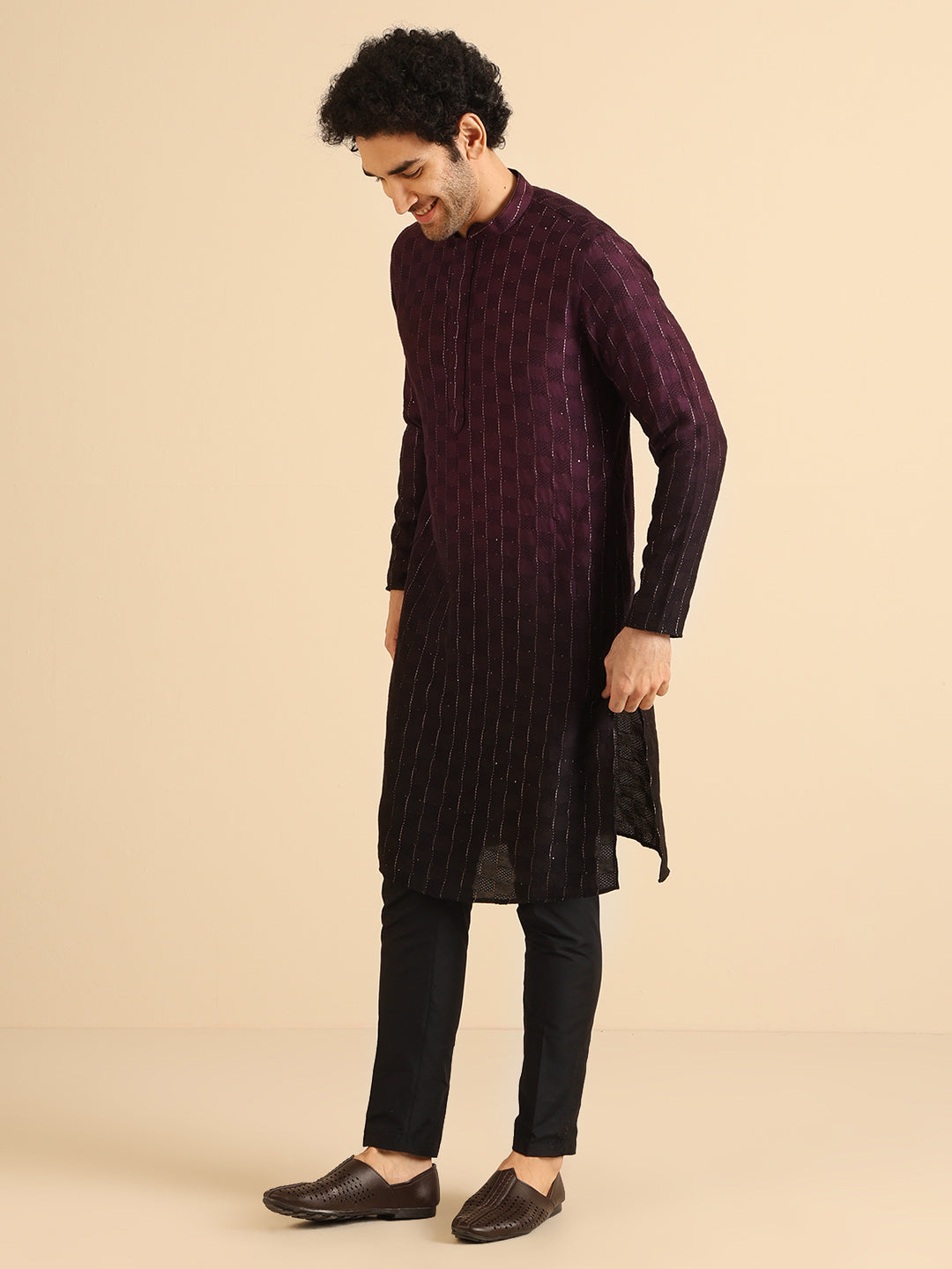 Wine to Black Ombre Check-Textured Long Kurta