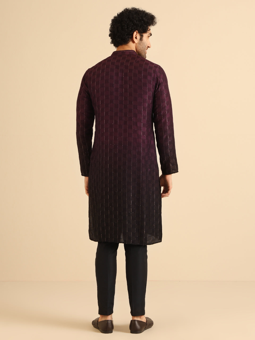 Wine to Black Ombre Check-Textured Long Kurta