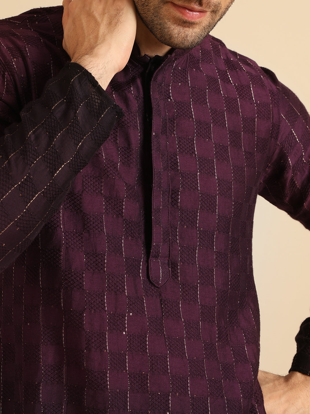 Wine to Black Ombre Check-Textured Long Kurta