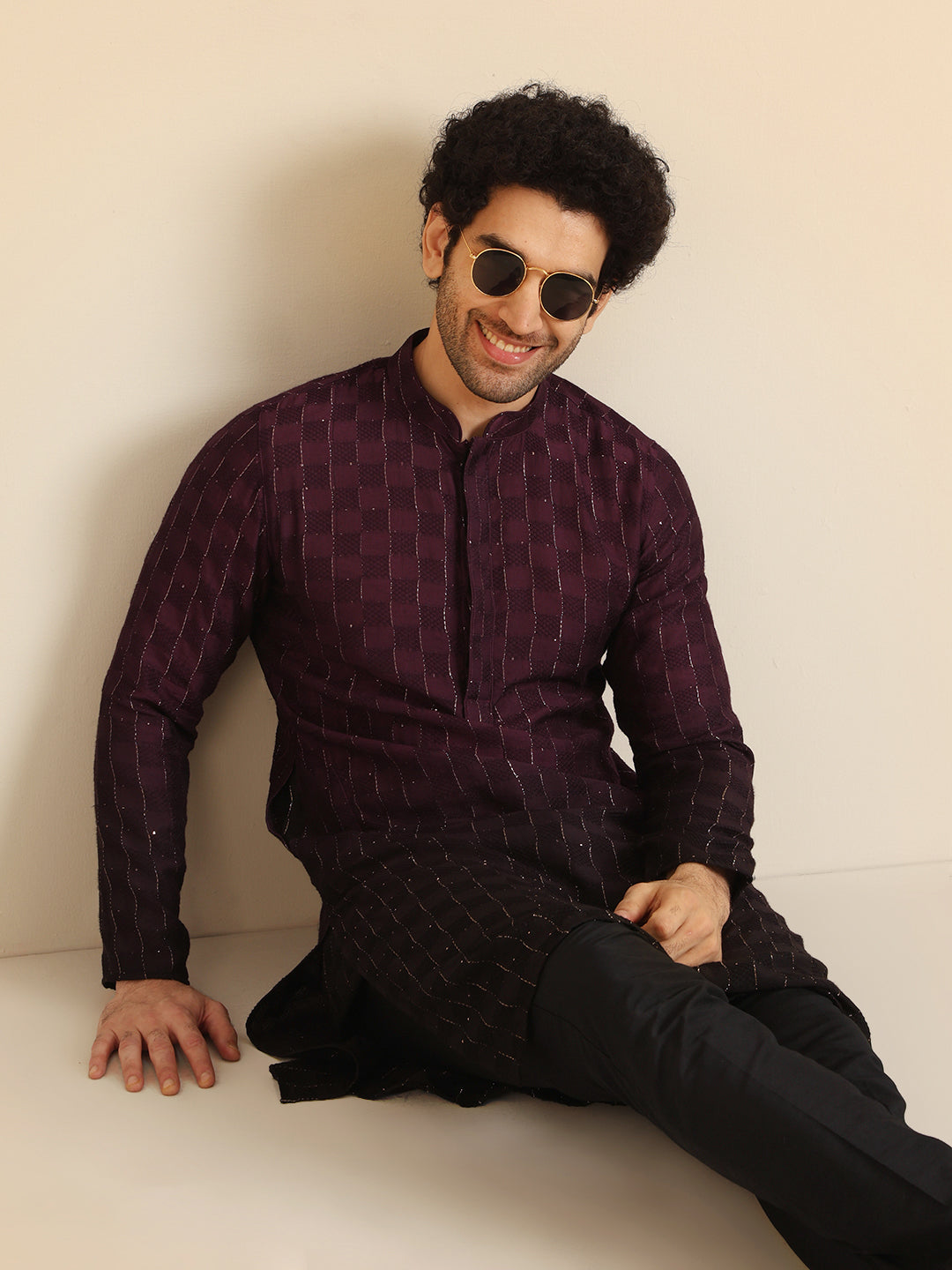 Wine to Black Ombre Check-Textured Long Kurta