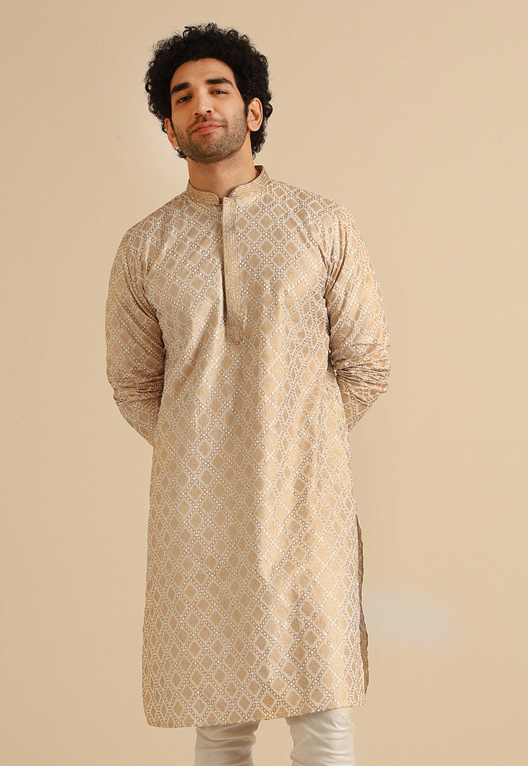Beige Silk Blend Kurta with Intricate Woven Design and Mandarin Collar
