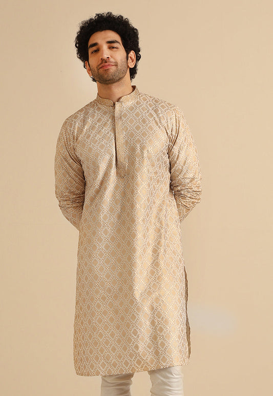 Beige Silk Blend Kurta with Intricate Woven Design and Mandarin Collar