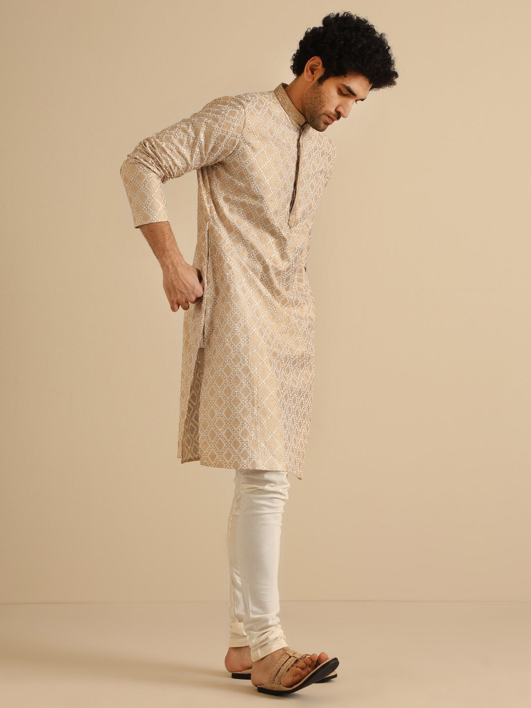 Beige Silk Blend Kurta with Intricate Woven Design and Mandarin Collar