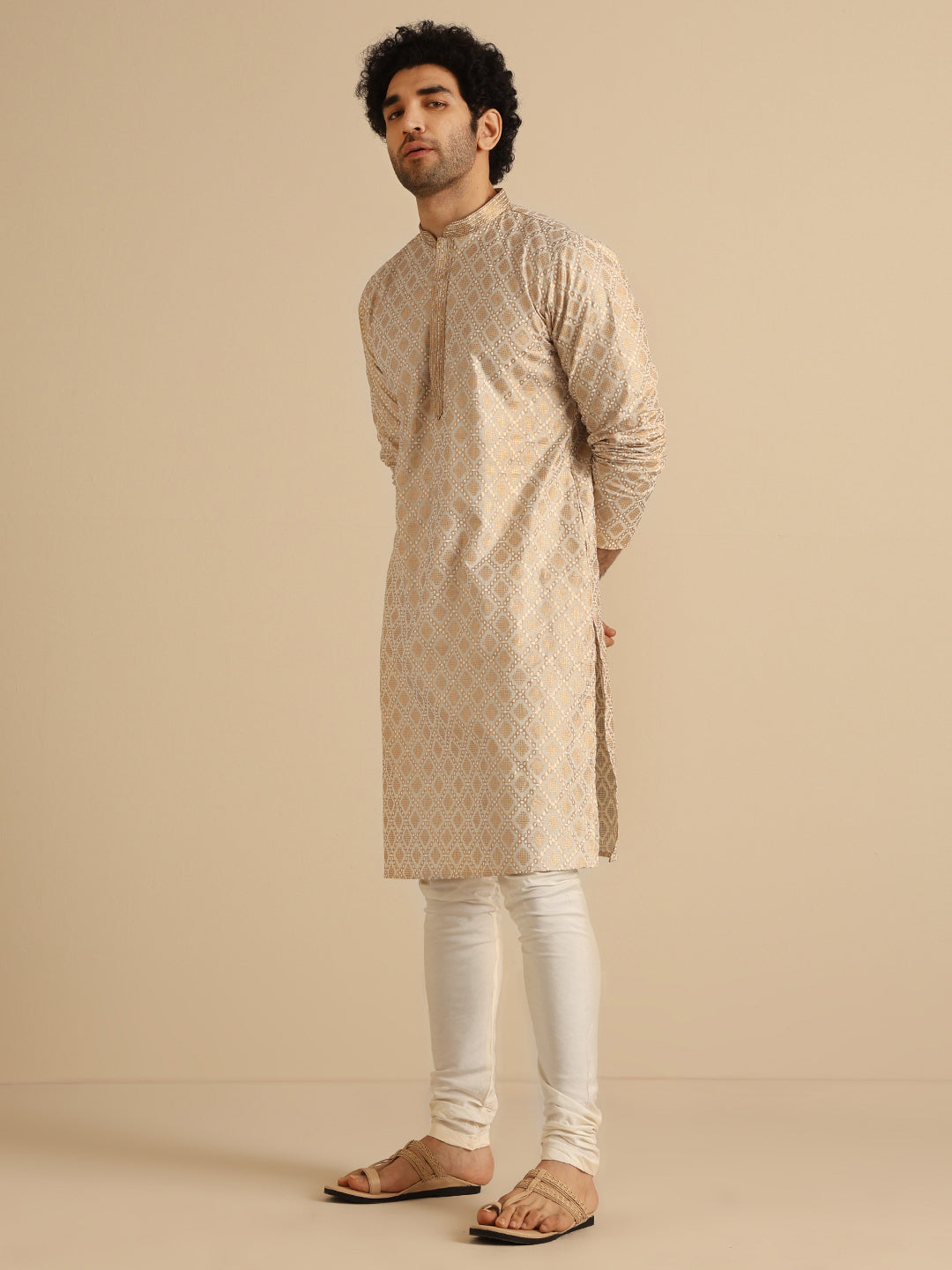 Beige Silk Blend Kurta with Intricate Woven Design and Mandarin Collar