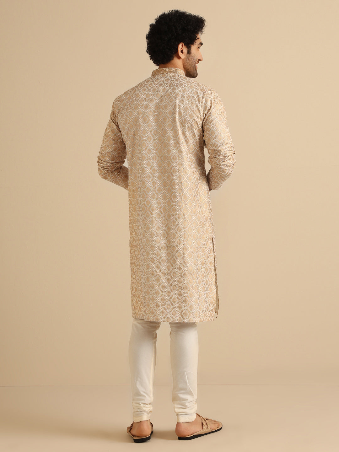 Beige Silk Blend Kurta with Intricate Woven Design and Mandarin Collar