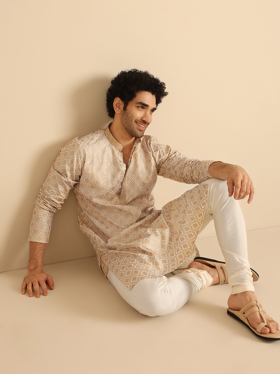 Beige Silk Blend Kurta with Intricate Woven Design and Mandarin Collar