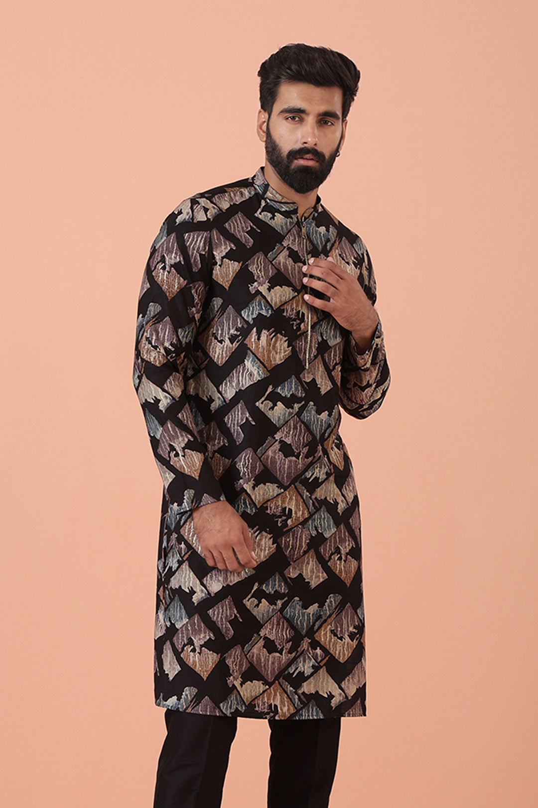 Black Kurta with Multicolour Abstract Print and Zip Closure