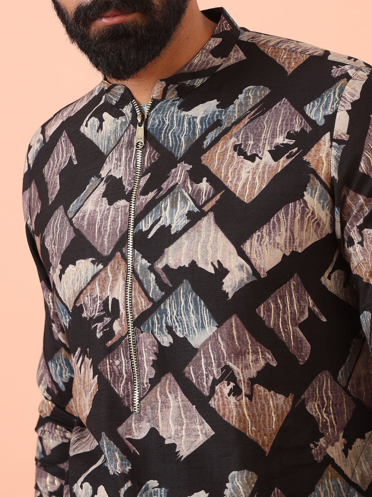 Black Kurta with Multicolour Abstract Print and Zip Closure
