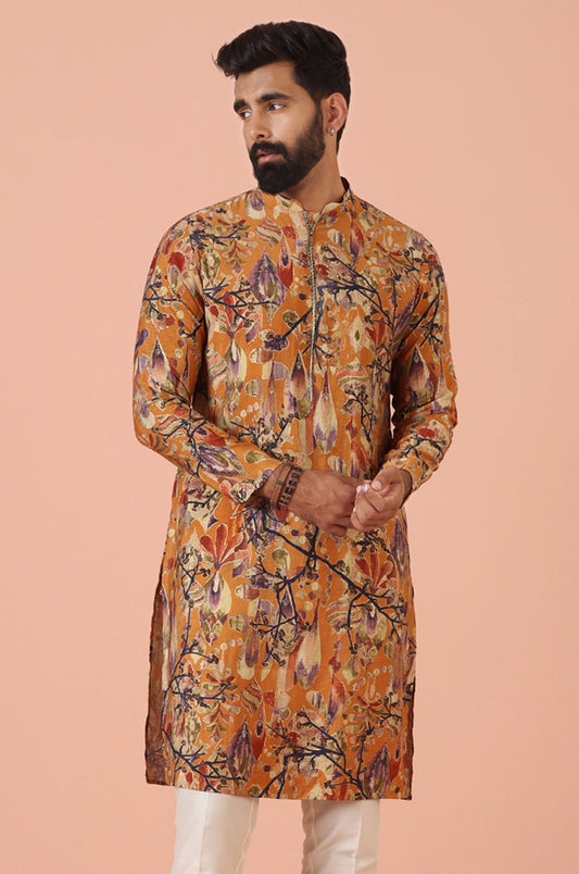 Orange Printed Silk Blend Long Kurta