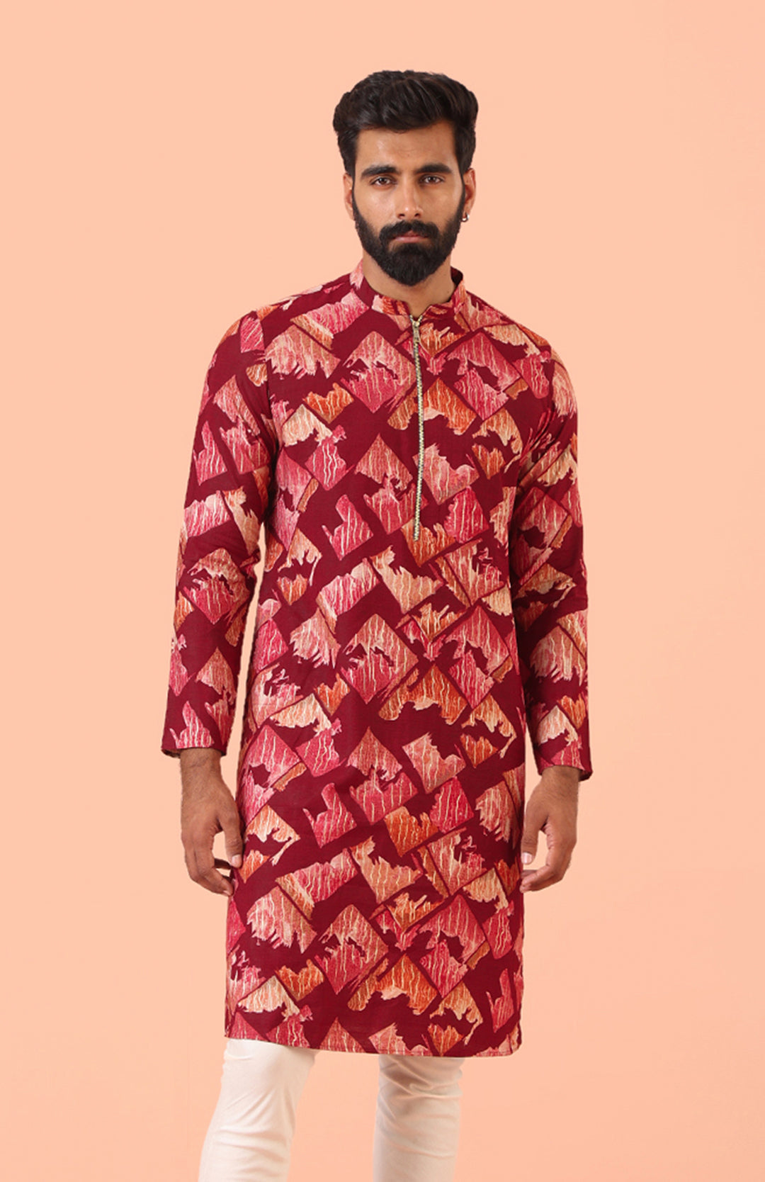 Maroon Cotton Silk Printed Cream Kurta