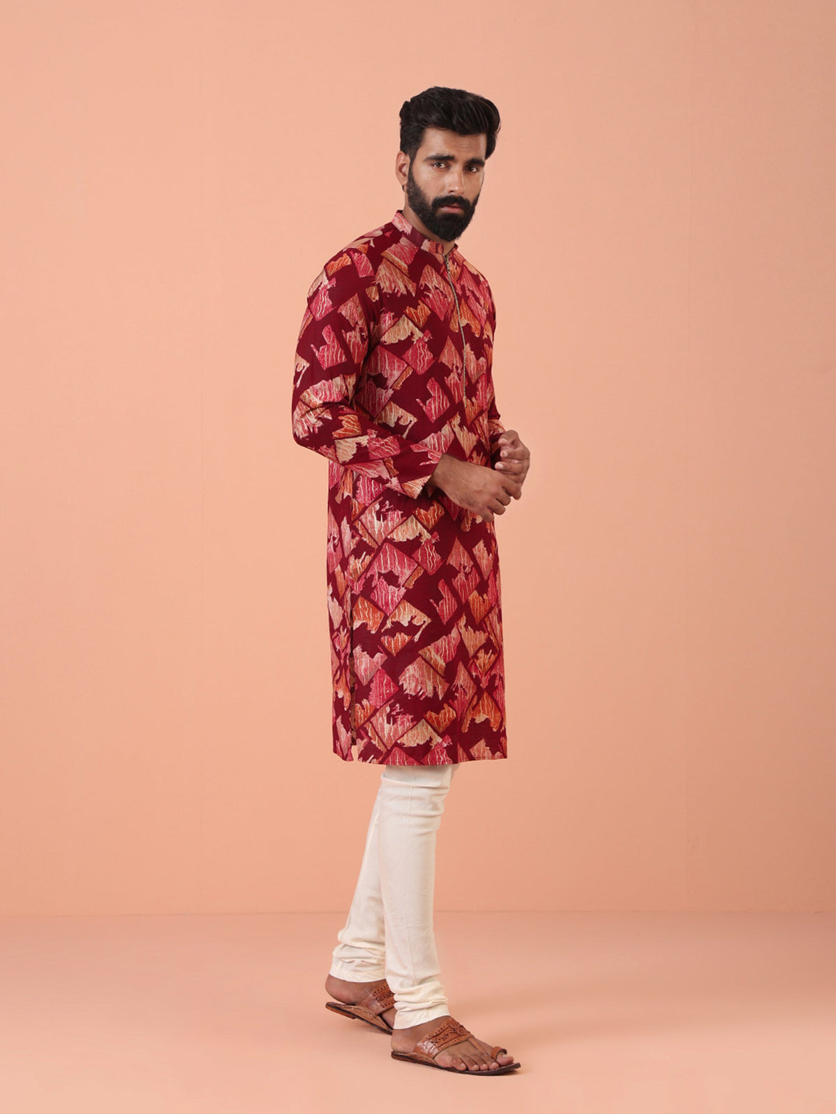Maroon Cotton Silk Printed Cream Kurta