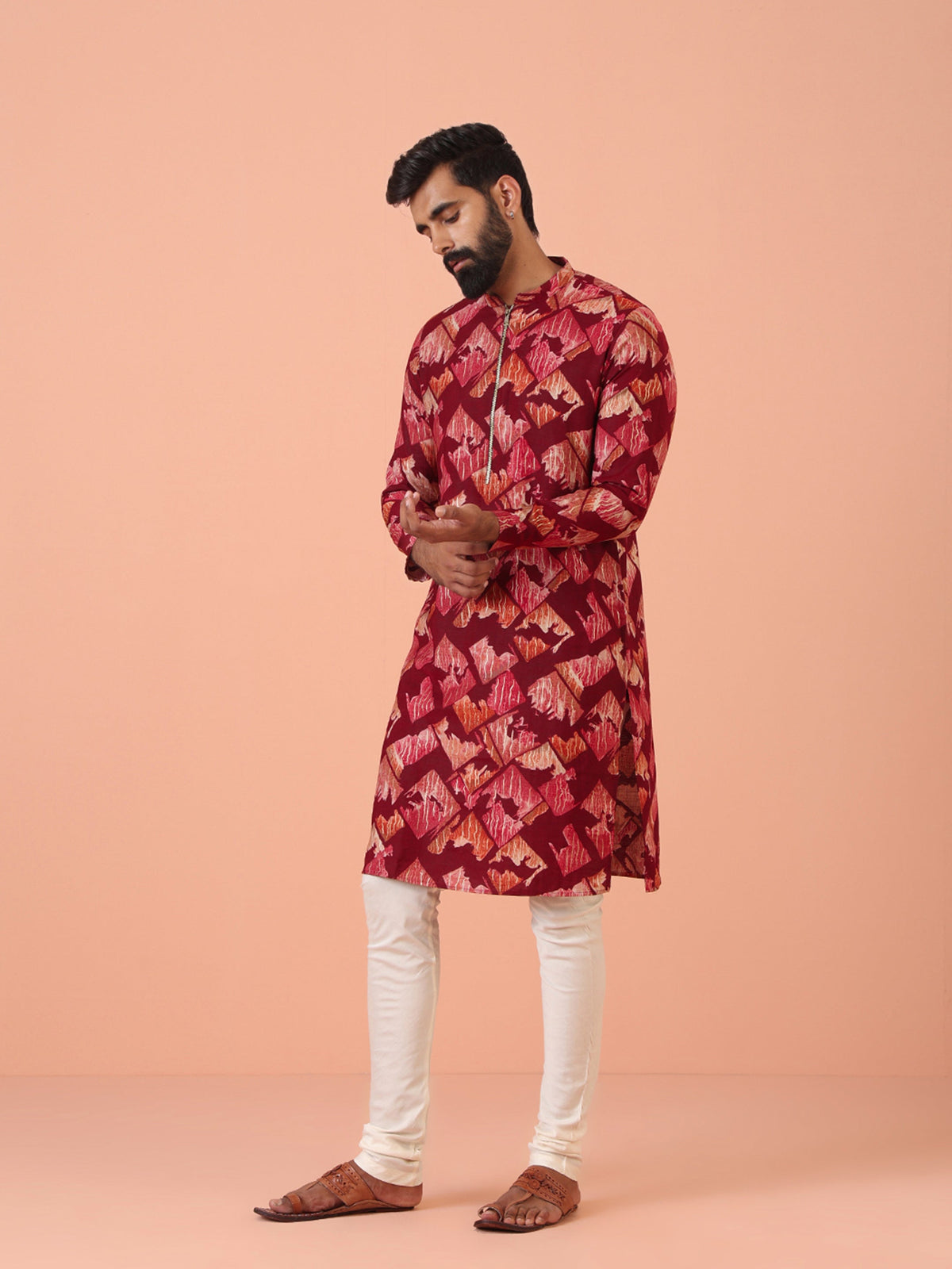 Maroon Cotton Silk Printed Cream Kurta